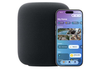 HomePod สีมิดไนท์พร้อม iPhone ที่แสดง UI 'บ้านของฉัน' ในแอปบ้าน