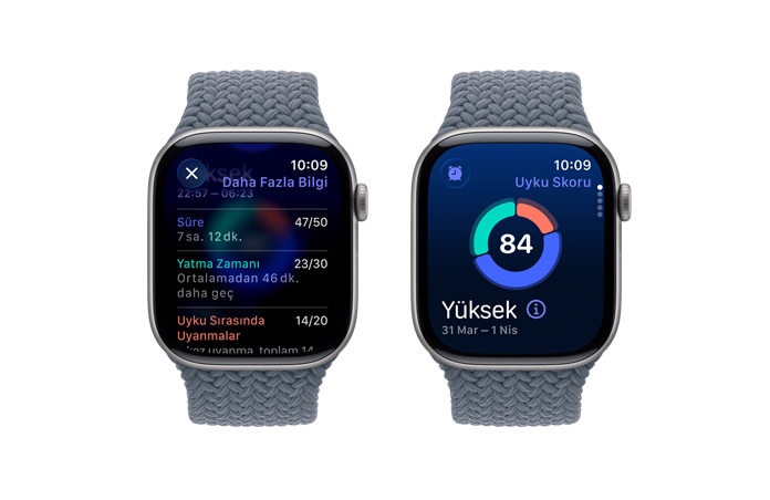 Apple Watch Series 11, uzay grisi renk, alüminyum kasa, uyku skoru bildirimi, sağ dış görünüm, Digital Crown, Örgü Solo Loop, demir mavisi renk