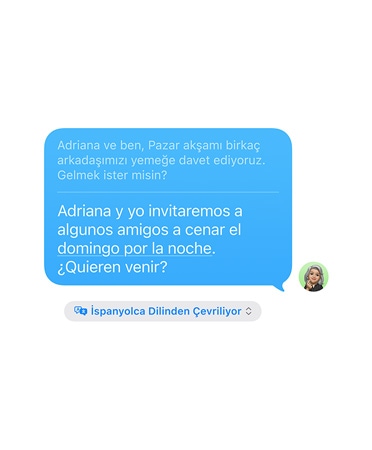 Mesajlar’da kullanılmakta olan Canlı Çeviri özelliği İngilizceden İspanyolcaya çeviri yaparken gösteriliyor