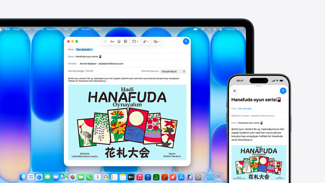 MacBook Neo, Indigo renk, yanında iPhone yer alıyor, her iki ekranda da toplum merkezindeki bir etkinlik duyurusunu içeren aynı mail gösteriliyor