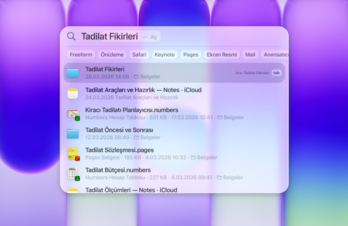 Spotlight kullanılıyor, tadilat fikirleri arama sorgusu, tadilatla ilgili çeşitli klasörler ve belgelerin yer aldığı arama sonuçları