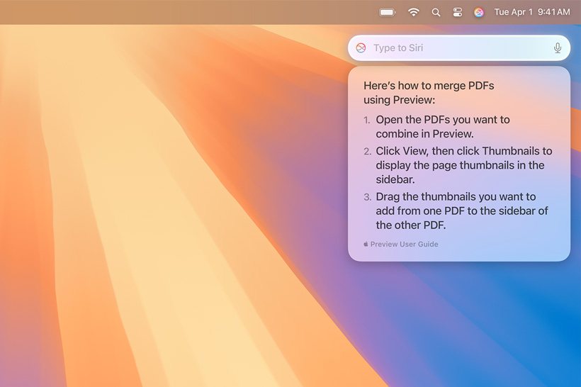 Siri 以彈出文字回應使用者搜尋的資訊，內容關於如何合併多份 PDF