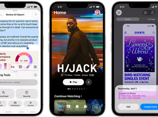 Два iPhone 17e, на екранах яких відображаються різні вікна: гра, функція «Засоби письма», додаток Apple TV, створення події в календарі, створення Genmoji