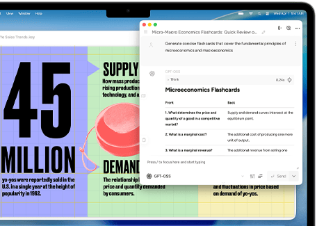 Екран MacBook Air, на якому показано Засоби письма Apple Intelligence під час створення флешкартки про мікро- й макроекономіку