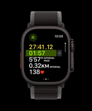 Apple Watch Ultra 3, black colour, titanium case, running workout, next interval