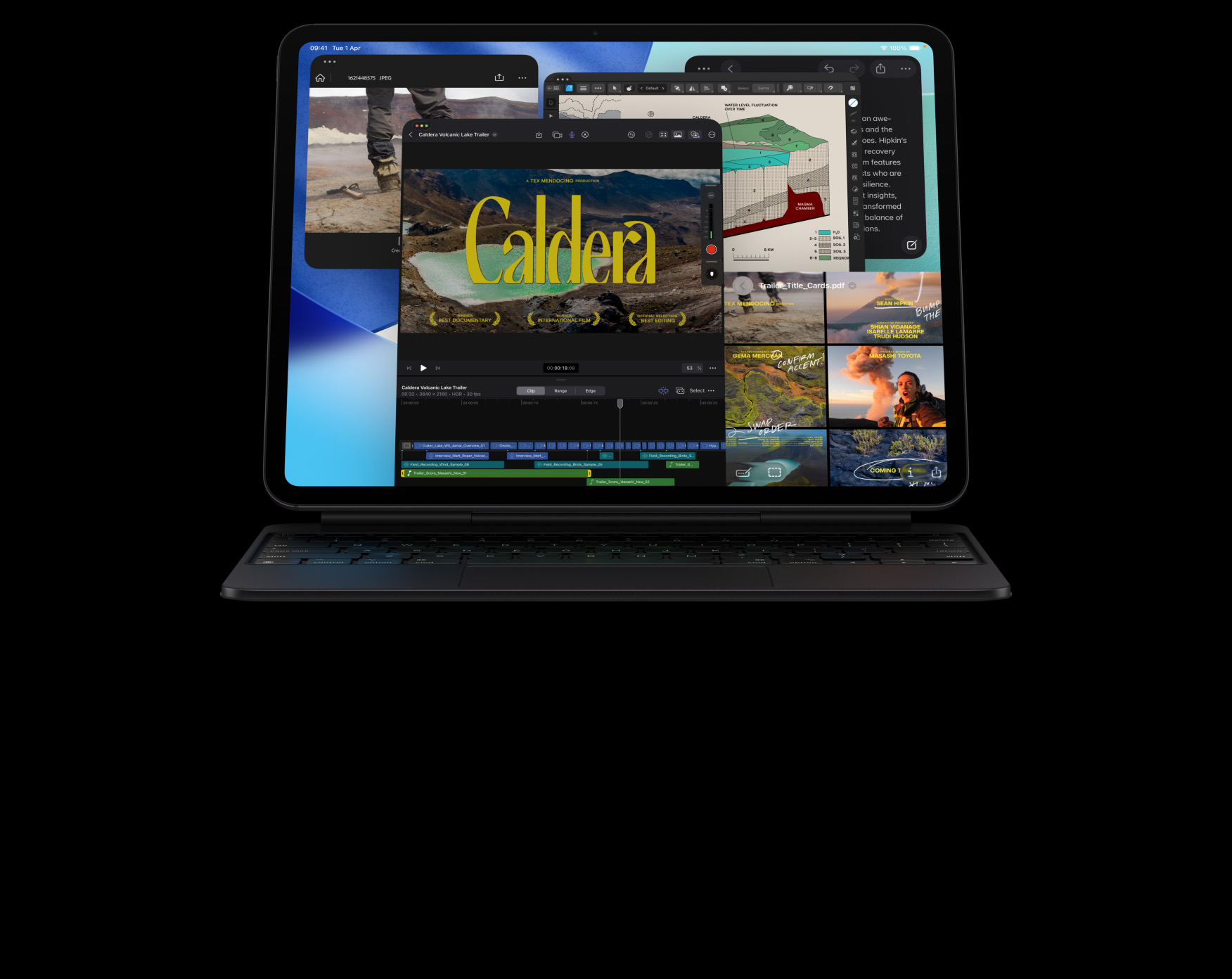 iPad Pro, front exterior, landscape orientation, space black colour, attached to Magic Keyboard, black colour, display with multiple app windows: Final Cut Pro with multiple video editing features and timeline, Maps app, Notes app, media clips