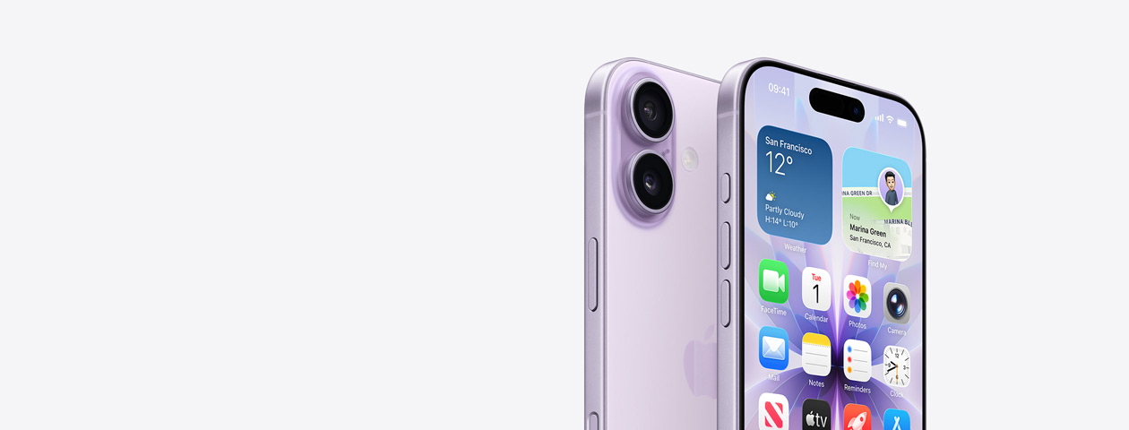 iPhone 17 in lavender finish, front exterior with partial Home Screen displayed, side angle shows Action and volume buttons. Back exterior shows Dual Fusion camera system in top left corner, Camera Control button