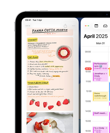 iPad, landscape orientation, top left screen shows Notes app and Calendar arranged side by side, as example of window tiling