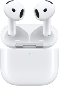 Estuche de carga de los AirPods 4 abierto con los AirPods flotando en la parte superior.