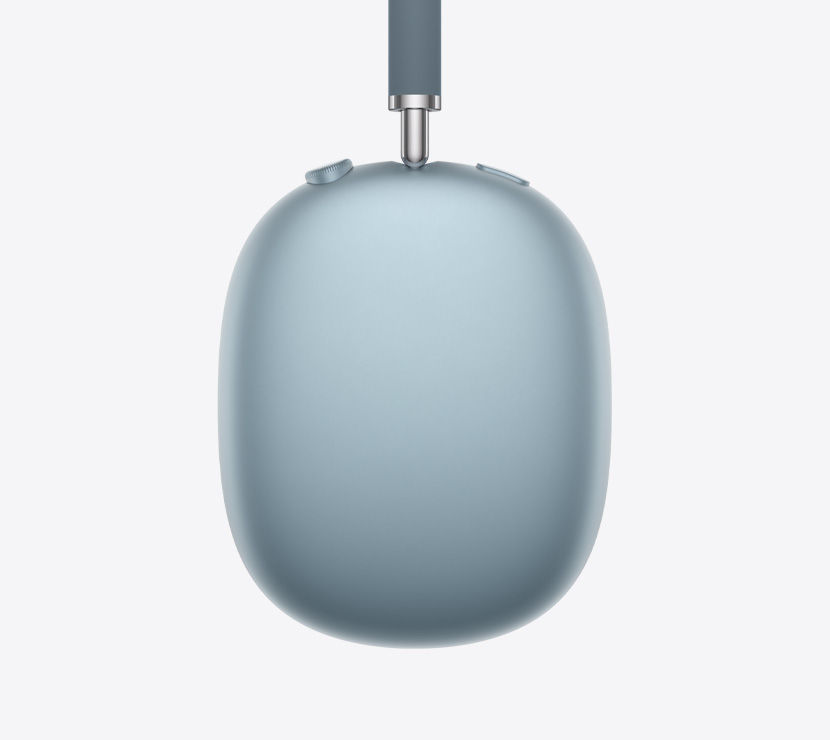 AirPods Max 2 headphones, side exterior, blue color, detail of telescoping arm, ear cushion, Digital Crown and noise control button