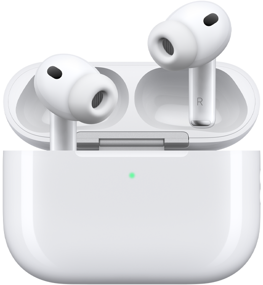 AirPods Pro 3 y estuche de carga MagSafe (USB-C), diseño redondeado del estuche, indicador LED de carga, tapa del estuche abierta, color blanco, auriculares inalámbricos con almohadillas de silicona, cara interna del cuerpo con las letras L y R