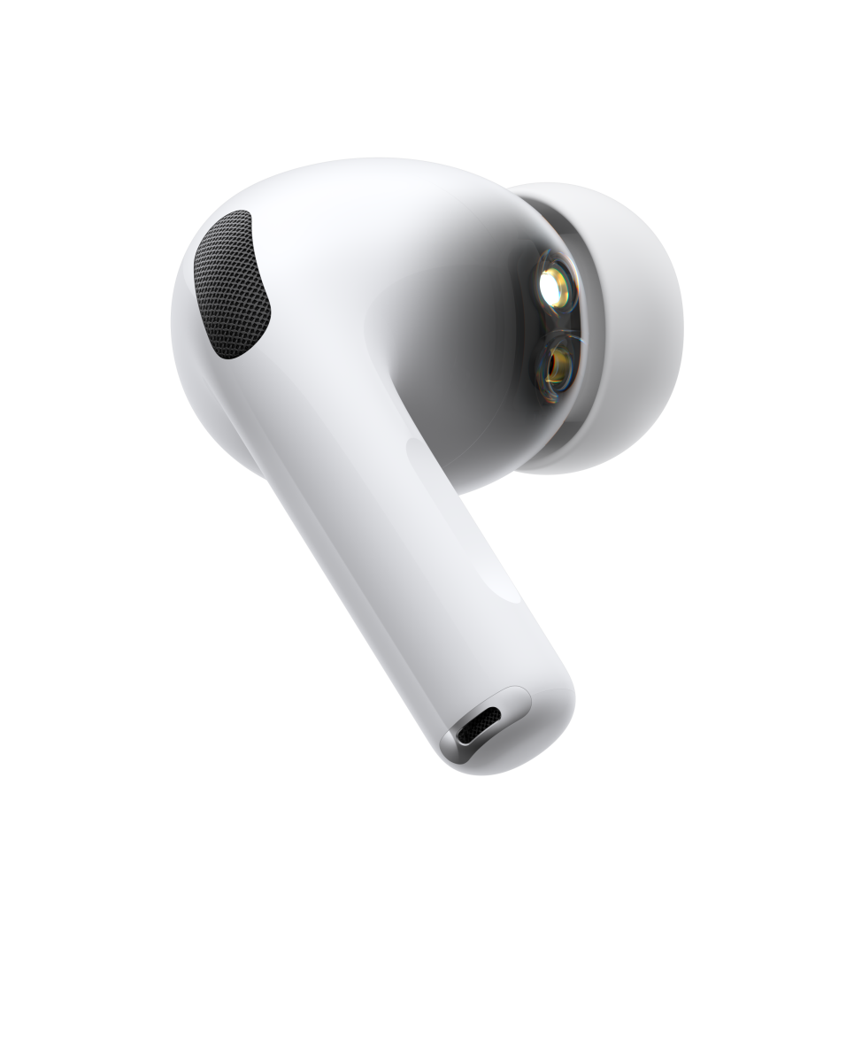 AirPods Pro 3, auricular inalámbrico, color blanco, parte lateral, cuerpo tubular corto, micrófono con cancelación de ruido, almohadilla de silicona, onda pulsante