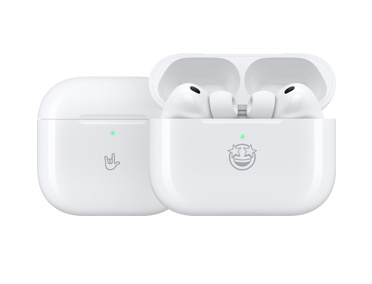 Productos Apple con grabado personalizado: estuche de carga MagSafe (USB-C) con el emoji de la mano con gesto de rock en la parte delantera, estuche de carga MagSafe (USB-C) abierto, AirPods Pro 3, grabado con el emoji con estrellas en los ojos en la parte delantera