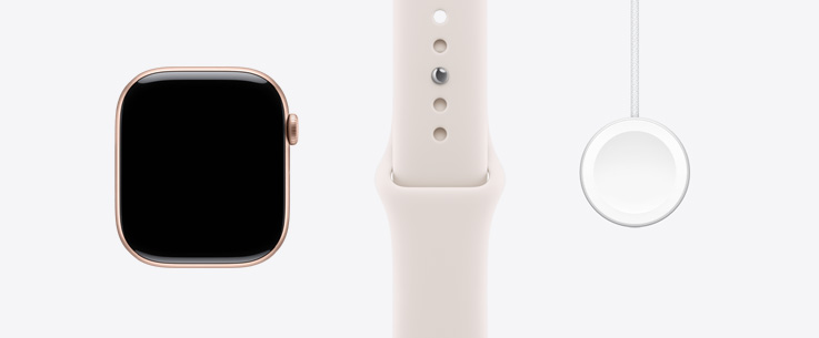 Apple Watch Series 11, kast van aluminium, kleur roségoud, voorkant, display van rand tot rand, rosé sportbandje, magnetische snellader-naar-USB‑C-kabel voor Apple Watch
