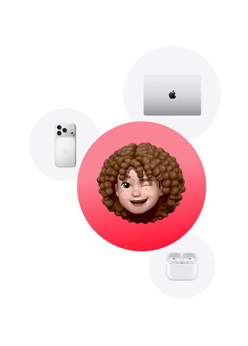 An iPhone 17 Pro in Silver color, a MacBook in Silver color, and AirPods Pro 3 surrounding a Memoji of a person winking