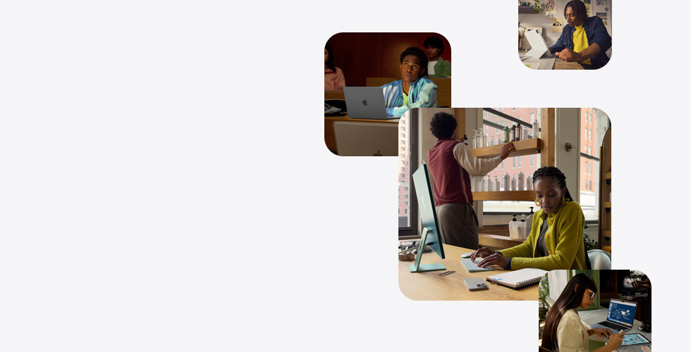 Various people using Apple products to study, work, design, and draw.