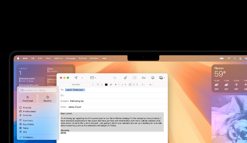 Mac-desktop met een zakelijke e-mail met een Apple Intelligence-prompt. Achter het e-mailvenster bevindt zich de widget Agenda.