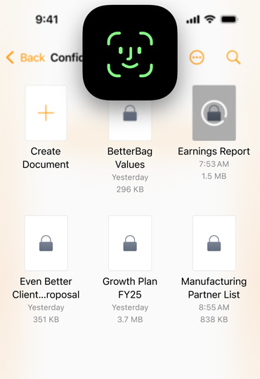 Ein iPhone Display mit Pages und dem Face ID Symbol im Vordergrund, um zu zeigen, wie ein Gerät sicher entsperrt wird