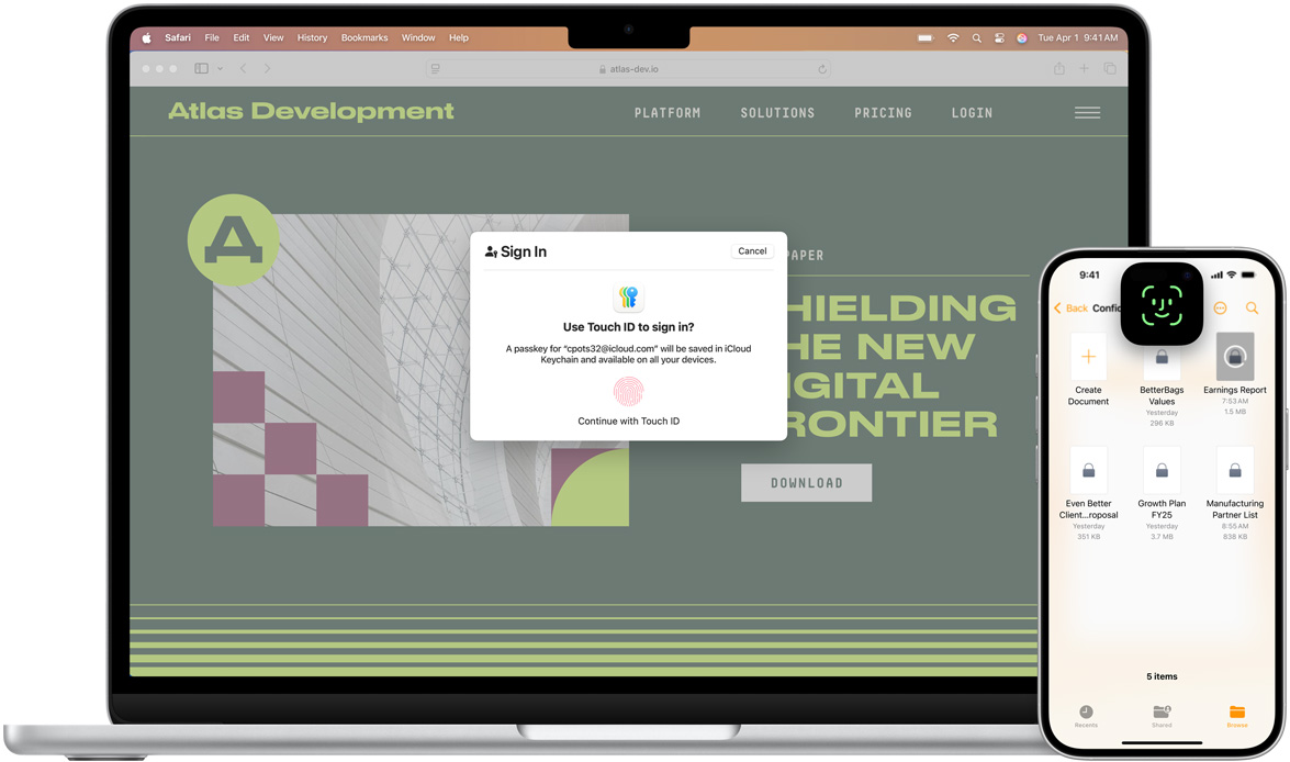 Pohled zepředu na MacBook s obrazovkou Touch ID. Před MacBookem je iPhone s obrazovkou Face ID.