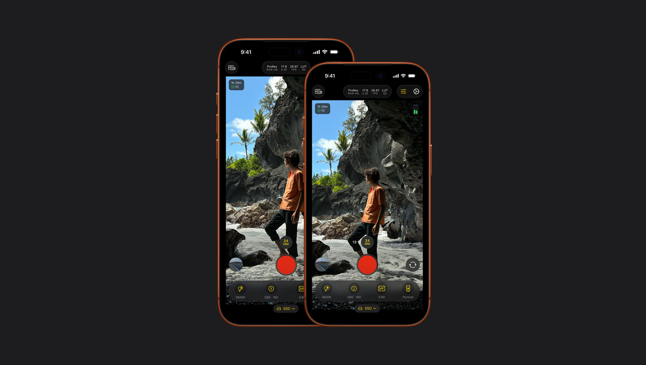 iPhone 17 Pro and iPhone 17 Pro Max screens showing a man on rocky beach, demo of Final Cut camera