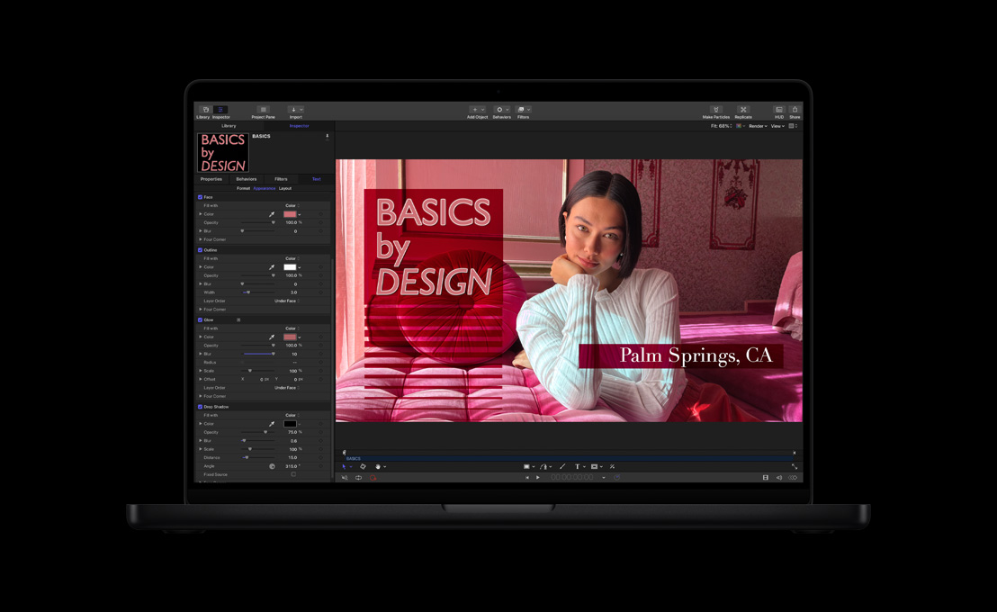 MacBook Pro 16, woman in white sweater on red sofa, demonstration of 2D titles