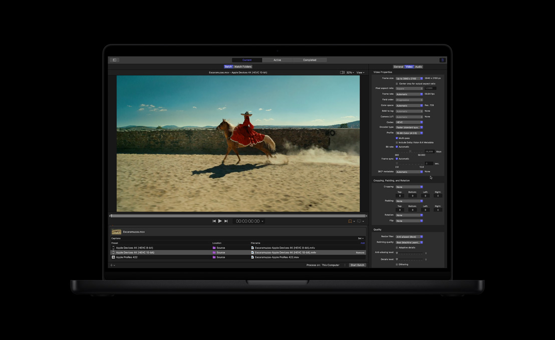 MacBook Pro 16, woman in red dress riding a horse, demo of Compressor export