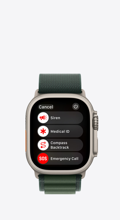 Een Apple Watch met een lijst met noodfuncties: Sirene, Medische ID, Backtrack via Kompas en SOS-noodmelding