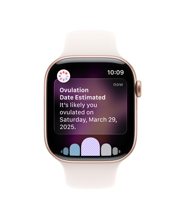 Apple Watch Series 11, aluminum case, rose gold color, ovulation date estimated notification, right side exterior: Digital Crown, light blush Sport Band