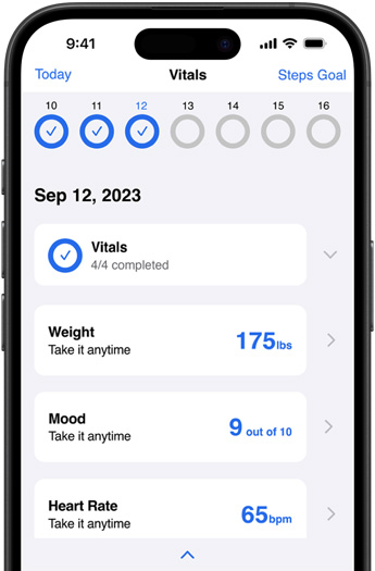 iPhone som viser Corrie Health-appen.