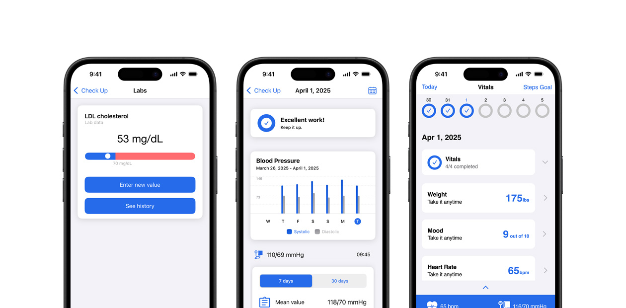 iPhone som viser funksjonene i Corrie Health-appen.