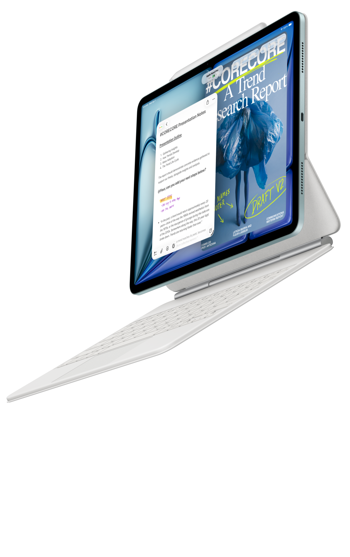 Ein iPad Air ist mit dem Magic Keyboard für das iPad Air verbunden und ein Apple Pencil Pro 