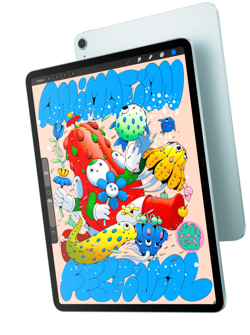 Vorderansicht eines iPad Air, die das 13" Modell mit der Procreate App zeigt, dahinter die Rückseite eines iPad Air in Blau