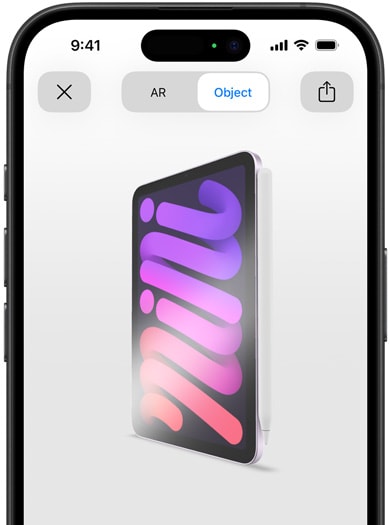 iPad mini s pripojenou ceruzkou Apple Pencil Pro v rozšírenej realite na iPhone.