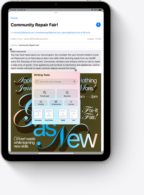iPad mini zobrazuje Nástroje na písanie, novú funkciu Apple Intelligence, v apke Mail.