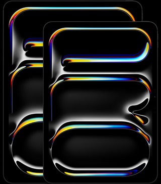 13-inch iPad Pro, 11-inch iPad Pro, portrait orientation, front exterior, space black colour, rounded edges, black display bezel, displays showing multicoloured, curved abstract word 'PRO' vertically oriented