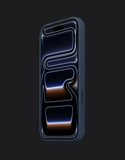 „iPhone 17 Pro“, priekinės pusės dalis, tamsiai mėlynos spalvos, su silikoniniu dėklu, tamsiai mėlynos spalvos