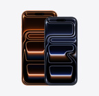 „iPhone 17 Pro Max“, priekis, kosminės oranžinės spalvos, „iPhone 17 Pro“, priekis, tamsiai mėlynos spalvos