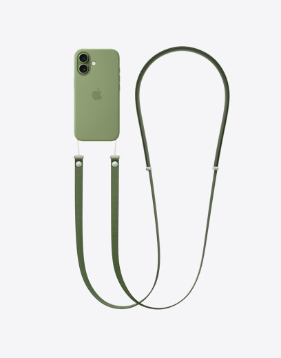 iPhone 17, face arrière, coque verte, bandoulière verte fixée