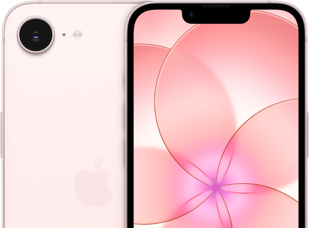 iPhone 17e, face avant, coloris rose pastel, vue partielle du dos d’un iPhone 17e montrant la caméra