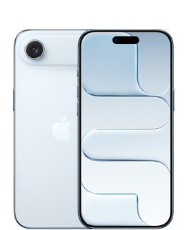 iPhone Air, taustapuoli, taivaansininen väri, Fusion-kamera yläosassa, Apple-logo keskellä, etupuoli, taivaansininen väri, Dynamic Island keskellä yläreunassa