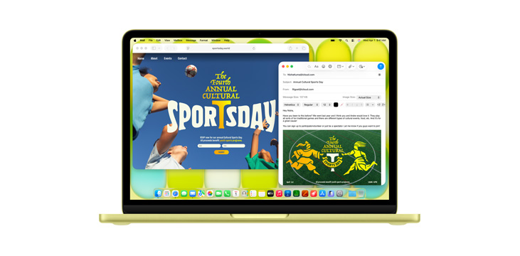 Multiple apps open on MacBook Neo including Safari and Mail, showing a flyer that reads "The fourth annual cultural sports day".