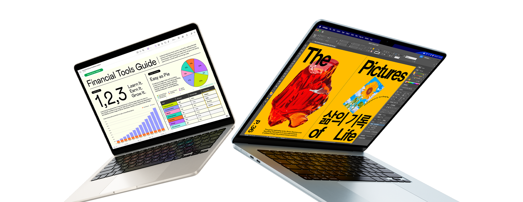 Animation of 13- and 15-inch MacBook Air laptops floating upwards  — one screen shows Numbers work in progress, the other shows design work