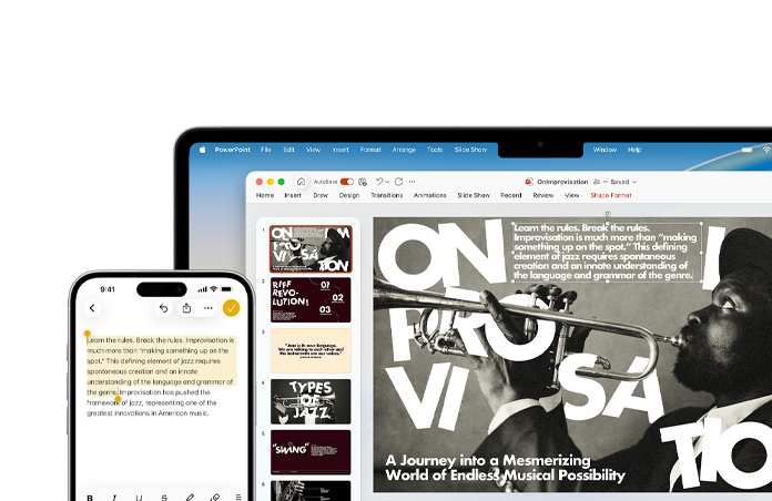 iPhone 16 Plus with text highlighted in the Notes app, Macbook Air with a Keynote slide open, text from Notes app is visible on the slide