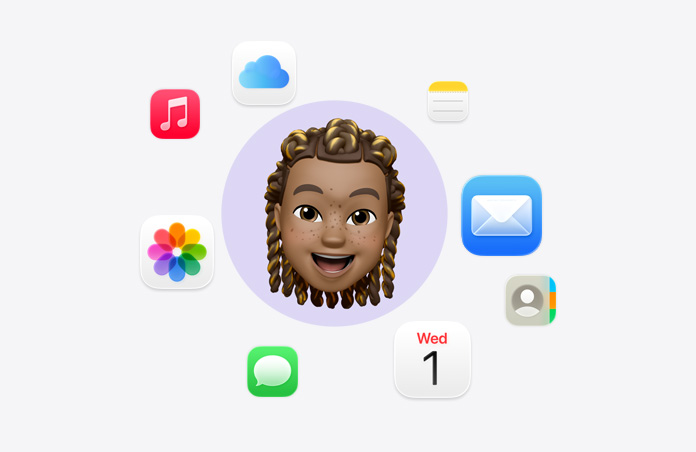 Emoji eines lächelnden Gesichts, umgeben von verschiedenen App Symbolen: Musik, iCloud Drive, Notizen, Mail, Kontakte, Kalender, Nachrichten und Fotos