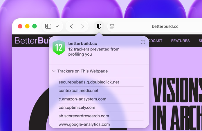 Das Datenschutzbericht Feature wird verwendet und zeigt eine Liste von seitenübergreifenden Trackern, die Safari daran hindert, Profile von Nutzer:innen zu erstellen