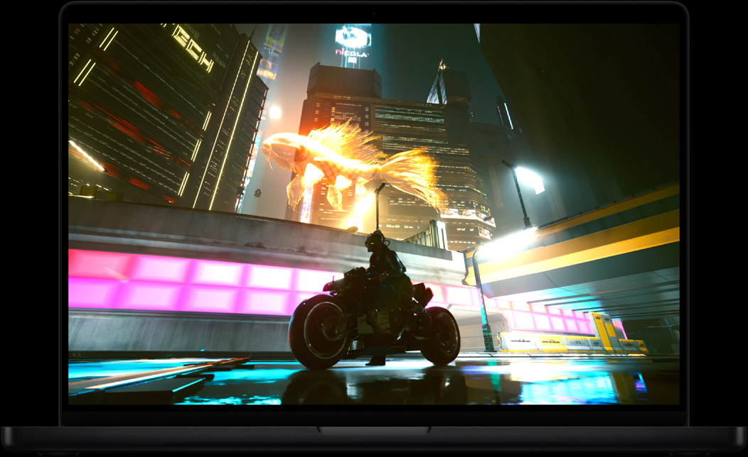 Écran d’un MacBook Pro affichant le jeu vidéo Cyberpunk 2077: Ultimate
