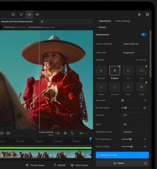Écran d’un MacBook Pro montrant l’amélioration d’une vidéo avec l’IA dans Topaz Video