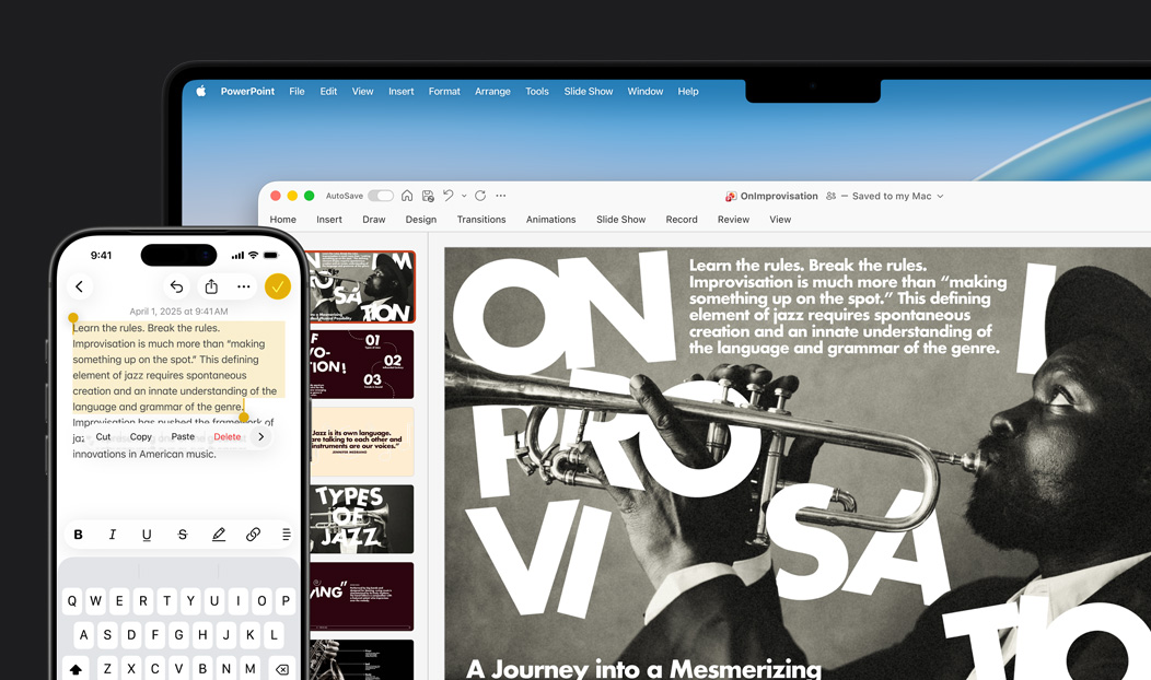 Un iPhone 16 Plus avec du texte surligné dans l’app Notes, un MacBook Pro avec une diapo Microsoft PowerPoint ouverte, le texte de l’app Notes est visible sur la diapo