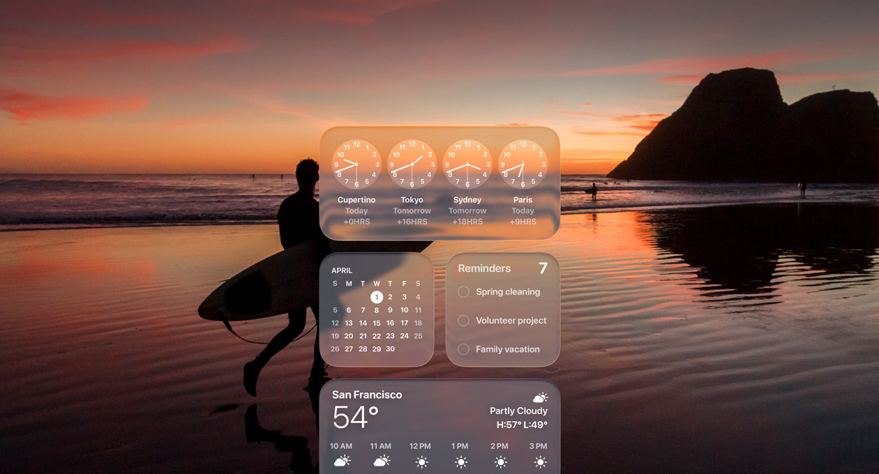 Écran macOS Tahoe affichant les widgets Horloge, Calendrier, Rappels et Météo en Liquid Glass devant l’image d’un surfeur marchant sur la plage au coucher du soleil