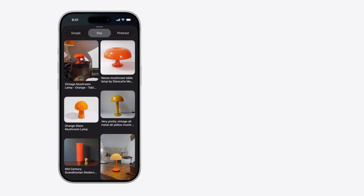 Egy iPhone-on rácsszerűen elrendezett képeken láthatók különböző gombalámpák az Etsyről, illetve látható egy Google- és egy Pinterest-lapfül is
